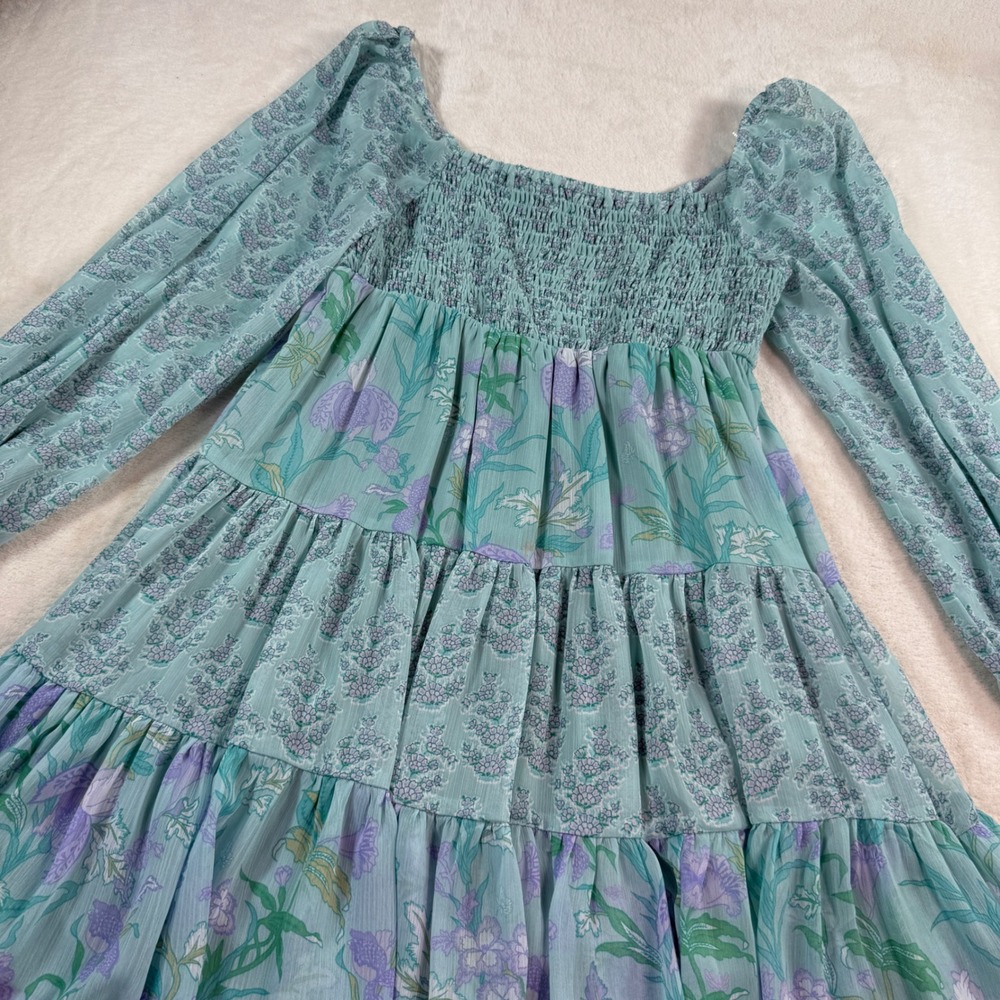 Taylor Aqua Floral Smocked Tiered Mini Dress Blue Purple Long Sleeve Size 4
